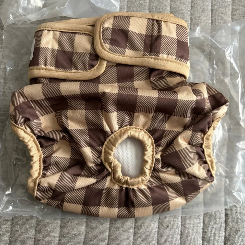 New Pet Parents washable brown and beige Checkered and Plaid dog Diapers, Size M